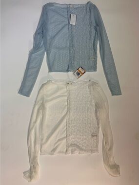 Selfie Sheer Lace Mesh Long Sleeve Tops Size Small Blue White 2 Piece Lot